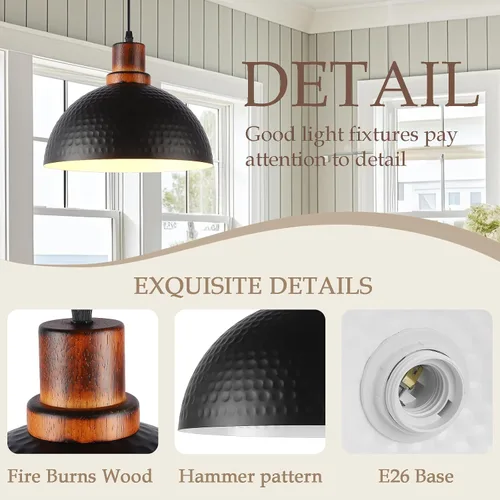 Miniatura 3 de Luces Colgantes Negras para Isla de Cocina, 11.8" Metal Martillado Negro Lámpara Colgante de Cúpula Iluminación Colgante Negra y de Madera Accesorio