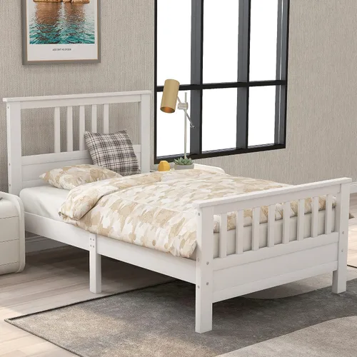 Miniatura 3 de Merax Cama de plataforma individual de madera maciza blanca para niños, marco de cama de plataforma individual con cabecero, estribo, soporte