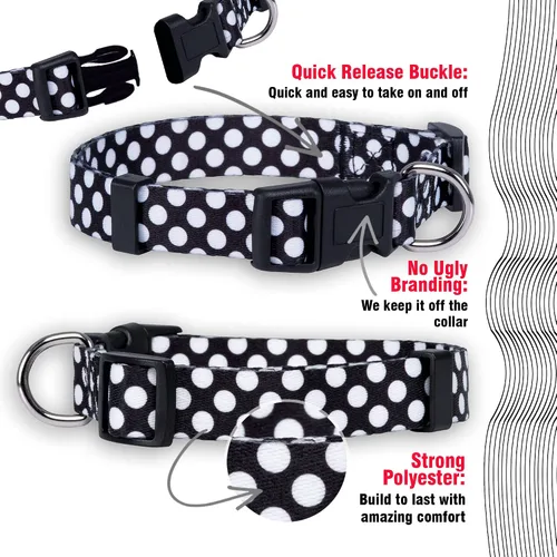 Miniatura 4 de Native Pup Collar de perro con lunares, ajustable para perros pequeños, medianos y grandes, tela bonita para niños y niñas Negro
