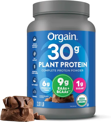 Orgain - Polvo de proteína vegano orgánico de 30g, chocolate con 9g de EAA + BCAA, proteína vegetal, 6g de prebiótico + fibra, 1g de azúcar,