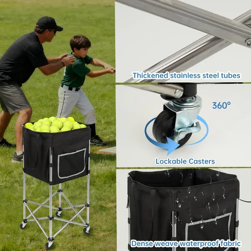 Miniatura 2 de Carrito de pelota de tenis con ruedas y freno (capacidad 180) - Marco de acero inoxidable resistente con bolsa lavable desmontable - Tolva de viaje