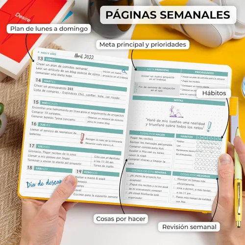 Miniatura 3 de Clever Fox Planificador 2 Edición en Español - Colorida Agenda de Objetivos Semanales y Mensuales, Organizadora de Tiempo, Sin Fecha A5