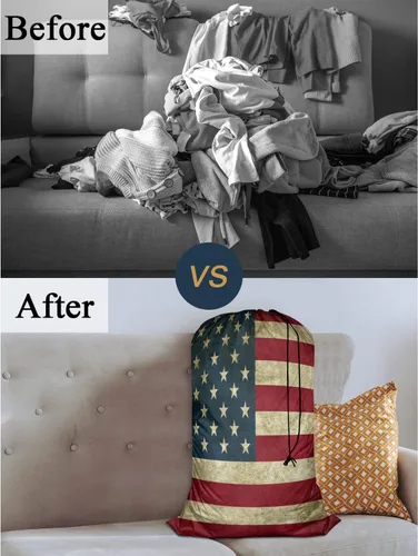 Miniatura 4 de Swono Grunge - Bolsa grande de ropa sucia para ropa sucia para cesta de lavandería, diseño de rayas patrióticas, estrellas envejecidas, lavable a