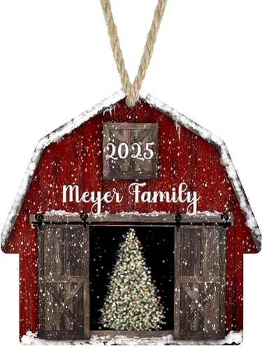 Adornos de Navidad Personalizados 2025 Granero Rojo Rústico Casa de Campo Madera Regalo Personalizado de Granja Relleno de Calcetín Hecho a Mano por