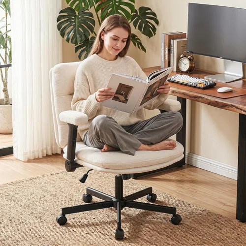 Miniatura 9 de Furniliving Criss Cross Office Chair with Adjustable Flip-up Arms, Premium Chenille Upholstered Cross Legged Chair, Ergonomic Swivel Desk Vanity