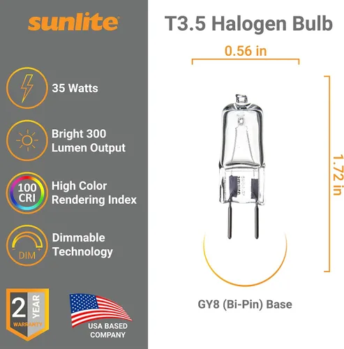 Miniatura 2 de Sunlite Q35/GY8/120V Bombilla halógena T3.5 de 35 vatios de un solo extremo, 300 lúmenes, 120 voltios, base GY8 (bi-pin), transparente, vida útil