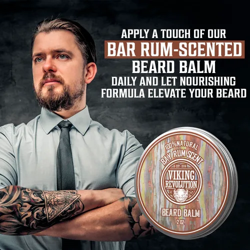 Miniatura 6 de Viking Revolution Bálsamo para barba de ron de bahía, mantequilla de barba con aceite de argán y aceite de jojoba, suavizante, hidratante y cera