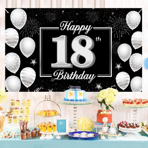 Miniatura 4 de Cartel de fondo de cumpleaños número 18, decoración de fiesta plateada y negra para niños y niñas, fondo de cabina de fotos