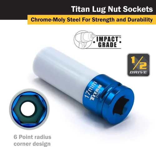 Miniatura 3 de Titan 21091 - Llave de vaso de impacto de 17 mm de 1/2 pulgada sin marcas para tuerca de rosca profunda