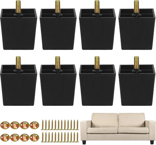 TURSTIN Paquete de 8 patas cuadradas de plástico para sofá de 2 pulgadas, patas cuadradas para sofás, sillas, color negro