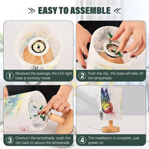 Miniatura 4 de Lámpara de mesa pintada Mariposa Diente de León con base de madera y pantalla de tela para mesita de noche, lámpara de escritorio para recámara