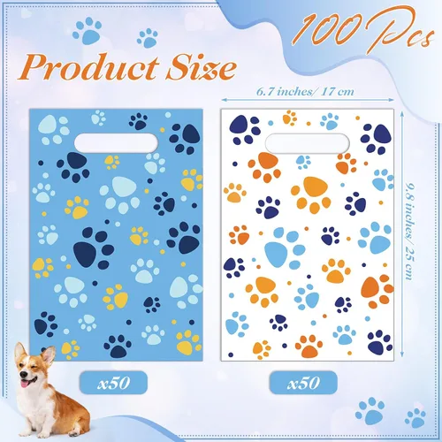 Miniatura 2 de Pasimy 100 bolsas de regalo de pata de perro a granel, diseño de pata de mascota, bolsas de plástico con asa para decoración de fiesta de cumpleaños