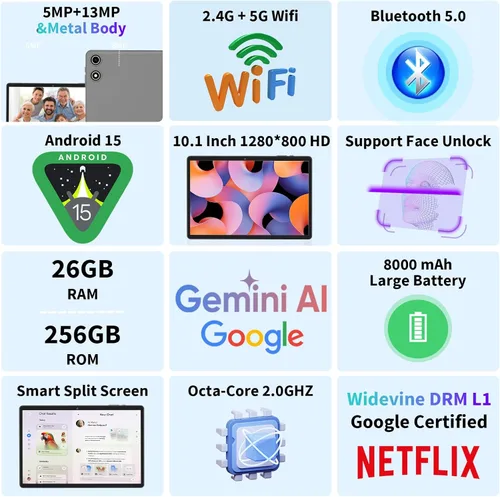 Miniatura 2 de Tablet Android 15 con teclado, 26 GB de RAM+256 GB de ROM (expansión de 2 TB), tableta de 10 pulgadas con batería de 8000 mAh, WiFi 2.4G/5G, cámara