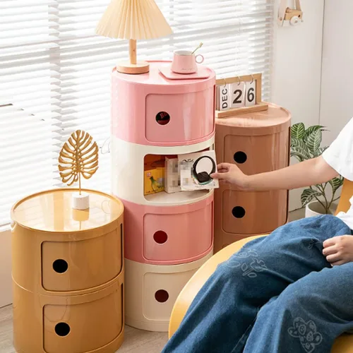 Miniatura 7 de Mesita de noche redonda de plástico de 2/3/4 niveles, mueble de almacenamiento con cajones y puerta corredera, armario de noche moderno nórdico