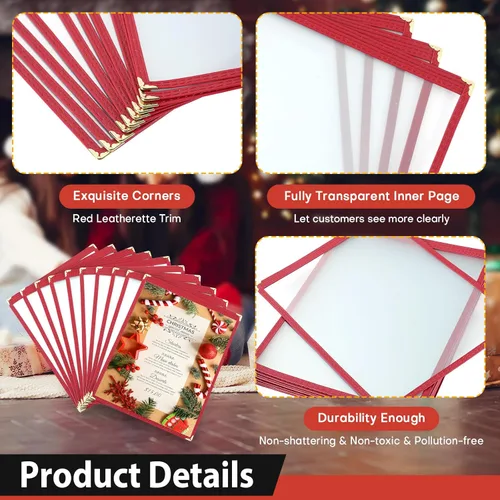 Miniatura 3 de Cubiertas de menú de 8.5 x 11 pulgadas, paquete de 10 soportes para menú de vista de página, cubierta roja para menú de restaurante para papel de 8