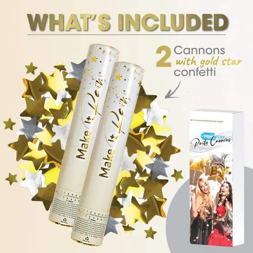 Miniatura 4 de Cañones de confeti para fiestas PrimePure - Botones de confeti dorados con estrellas - Paquete de 2 - Cañón de fiesta de Año Nuevo - Pistola
