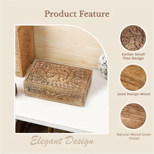 Miniatura 5 de Ajuny Caja de joyería de madera con tallas del árbol de la vida, estuche de viaje para bisutería, caja de almacenamiento hecha a mano, cofre