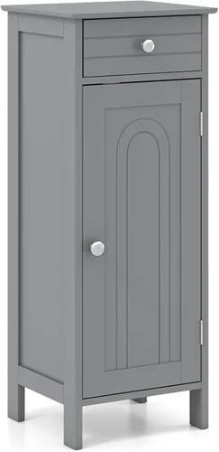 Miniatura 10 de Tangkula Armario de suelo de baño, gabinete de almacenamiento independiente de una sola puerta con cajón y 2 estantes ajustables, organizador