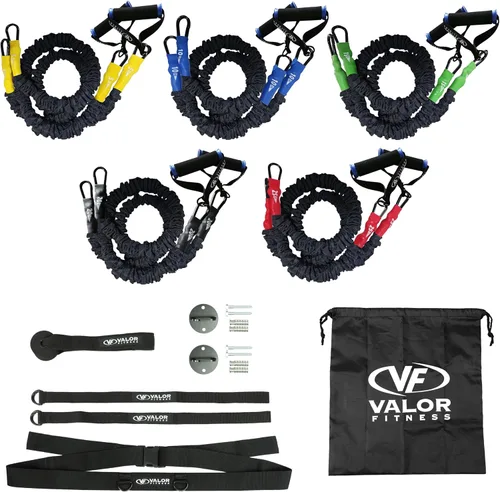 Valor Fitness Bandas de resistencia – 5 libras a 25 libras – Mosquetones adjuntos y 2 bandas por opción de peso con asas – Funda cubierta –