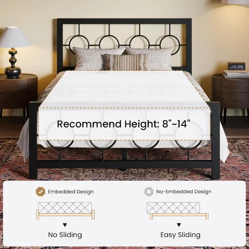 Miniatura 7 de SHA CERLIN Marco de cama de metal de tamaño matrimonial con cabecero y estribo de diseño circular vintage, no requiere somier, fácil montaje, sin