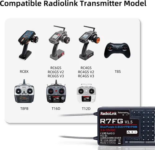 Miniatura 5 de Radiolink R7FG - Receptor de giroscopio de 7 canales, 2.4 GHz, telemetría integrada, control de largo alcance para RC coche, barco, transmisor