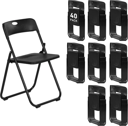 Miniatura 11 de Paquete de 10 sillas plegables de plástico negro, asientos comerciales apilables portátiles para interiores y exteriores con marco de acero