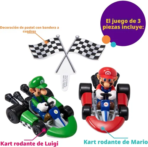 Miniatura 5 de DecoSet® Mario Kart™ Adorno para Pastel, Decoración de Pastel de 3 Piezas con Adornos de Kart de Carreras y Decoración de Bandera a Cuadros, Karts