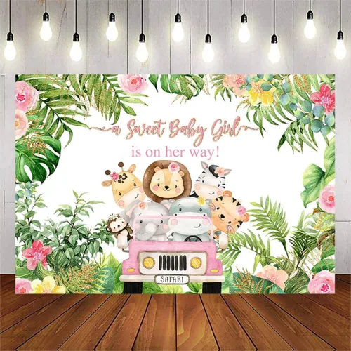 Miniatura 11 de Avezano Telón de fondo rosa para baby shower de safari para niñas, animales de la selva, decoración de baby shower, hojas tropicales, suministros