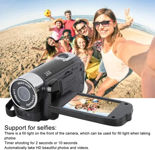 Videocámara, cámara de vídeo digital de 1080P y 16 MP, grabadora para vlogs, pantalla TFT de 2.7" con rotación de 270 grados, zoom digital de 16X