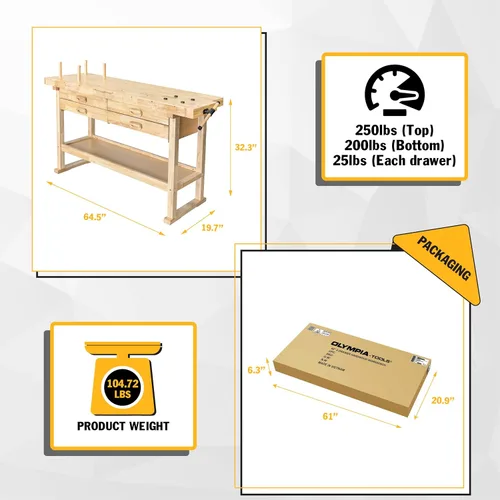 Miniatura 4 de Olympia Tools Banco de trabajo de madera de 48 pulgadas - Capacidad de peso de 330 libras Banco de trabajo de madera para garaje, taller y hogar