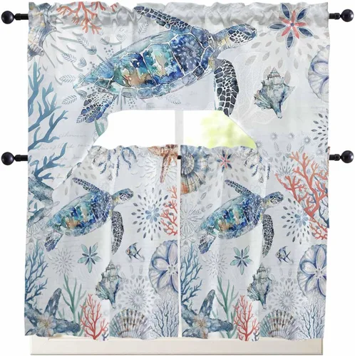 Miniatura 8 de Cortinas de cocina con cenefa de cangrejo oceánico, cenefa con bolsillo para barra, paneles de cortina para dormitorio, sala de estar, baño
