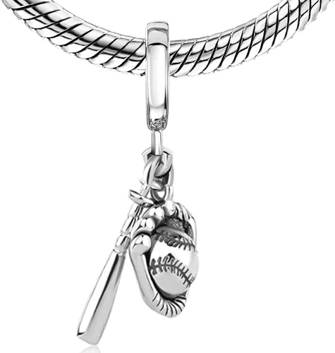 Miniatura 2 de BOLENVI Abalorio de plata de ley 925 con dije de béisbol para pulseras o collares similares, Plata esterlina, Sin gemas.