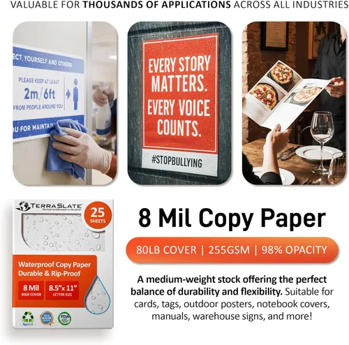 Miniatura 6 de TerraSlate Papel para impresora impermeable de alta calidad, 8 milésimas de pulgada de grosor y 8.5 x 11 pulgadas, papel duradero y resistente