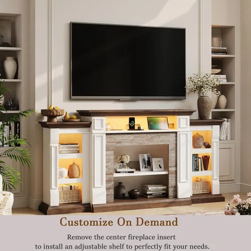 Miniatura 3 de Soporte de TV con chimenea de 72 pulgadas con toma de corriente y LED, chimenea eléctrica con repisa, centro de entretenimiento con almacenamiento
