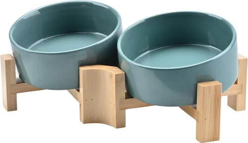 Miniatura 33 de SPUNKYJUNKY Cuenco de cerámica inclinado de 15° para perros y gatos con soporte de madera, cuenco inclinado para comida y agua para bulldog Blanco
