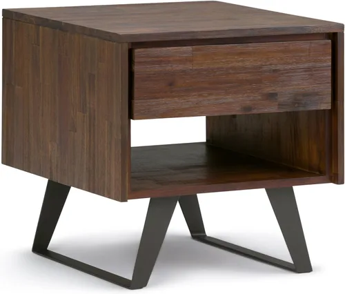 SIMPLIHOME Lowry - Mesa auxiliar cuadrada de madera de acacia maciza y metal, de 22 pulgadas de ancho, moderna e industrial en color marrón carbón
