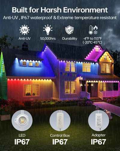 Miniatura 8 de ASAHOM AI - Luces permanentes para exteriores S107B, 100 pies con 72 luces LED RGBCW, 30,000 efectos de iluminación, controlador con doble salida