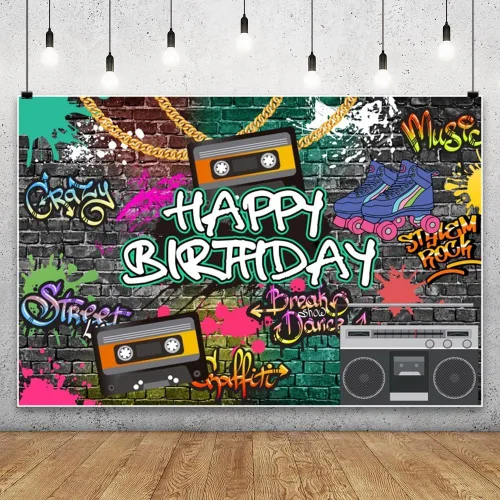 Miniatura 4 de AOFOTO Telón de fondo de feliz cumpleaños de los años 80 y 90, de 5 x 3 pies, tema de regreso a los 80, 90, hip-hop, rock, fondo de cumpleaños
