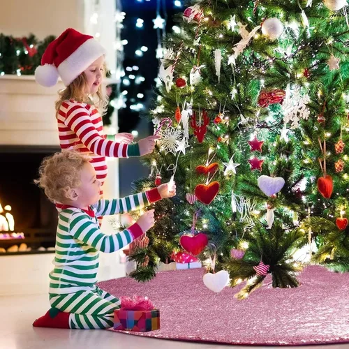 Miniatura 4 de Falda de Árbol de Navidad Rosa, Falda de Árbol de Lentejuelas Brillantes Rosa de 36 Pulgadas, Alfombrillas de Árbol de Navidad de Purpurina