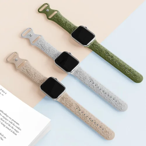 Miniatura 4 de 3 Packs Floral Engraved Bands Compatible with Apple Watch Band 40mm 41mm 38mm 42mm 44mm 45mm 49mm for Women, Silicone Cute Embossed Rose Apple Watch