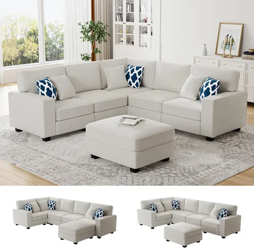 Miniatura 34 de Legend Vansen - Sofá modular seccional en forma de U con otomano, moderno, reversible, de esquina, para sala de estar (Créma, Sofá en forma de U-3)