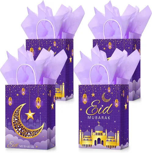 Miniatura 9 de Censen 16 juegos de bolsas de regalo de Eid Mubarak con papel de seda, bolsas de golosinas de Ramadán para suministros de fiesta de Ramadán (azul)