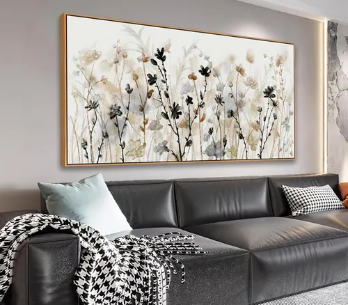 Arte de pared floral enmarcado, abstracto, gris, crema, blanco, hierba, flores, lienzo, cuadros modernos, pintura de paisaje, obras de arte