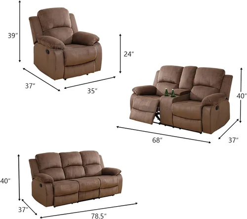 Miniatura 2 de Sofá reclinable manual moderno, sofá reclinable de cuero de 3 plazas, sofá reclinable de sala de estar, sofá con portavasos y mesa abatible