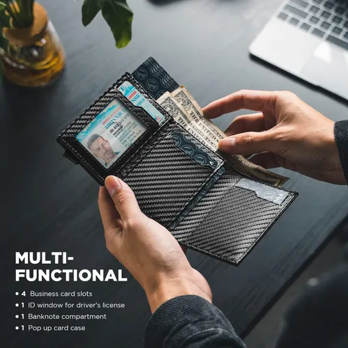 Miniatura 6 de VULKIT Tarjetero de crédito con compartimento para billetes de banco, bloqueo RFID, cartera de cuero desplegable con ventana de identificación