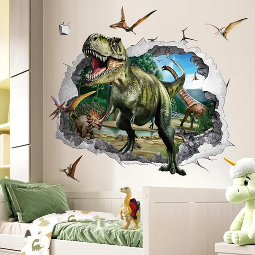 Miniatura 3 de Wondever Adhesivos de pared 3D grandes de dinosaurios, dino con grietas y agujeros, dinosaurio animal, pelar y pegar, calcomanías de pared de arte