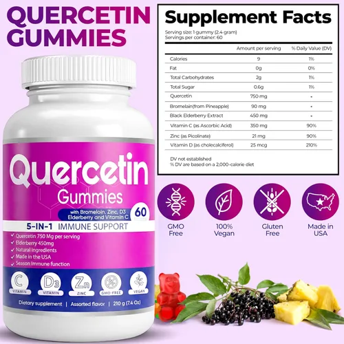 Miniatura 2 de BioVitalica - Gomitas de quercetina con bromelina, vitamina C y zinc y saúco + vitamina D3-5 en 1 apoyo inmunológico - Quercetina de zinc 750 mg