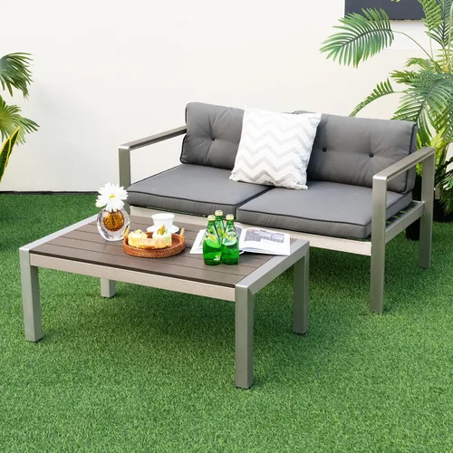 Miniatura 2 de Tangkula Mesa de centro de aluminio para exteriores, moderna mesa de cóctel rectangular con mesa de madera de plástico y marco de aluminio