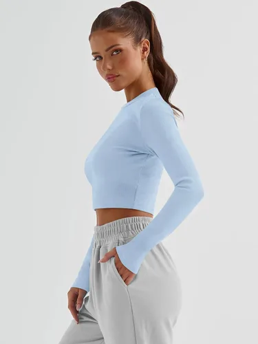 Miniatura 5 de Trendy Queen Camisetas cortas de manga larga para mujer, básicas, acanaladas, ajustadas, informales, de otoño, a la moda, Y2K, ropa