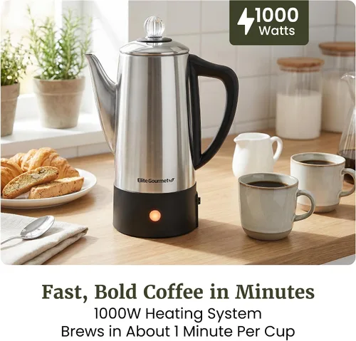 Miniatura 2 de Elite Gourmet EC140 Cafetera eléctrica de 6 tazas con función de mantener caliente, perilla de progreso de preparación transparente, mango de tacto